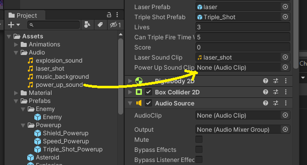 Drag power_up_sound into reference in Player (Script)